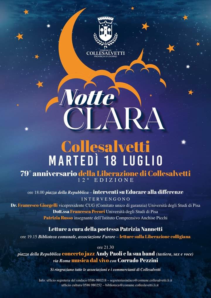 Notte Clara 2023. Marted 18 luglio a Collesalvetti