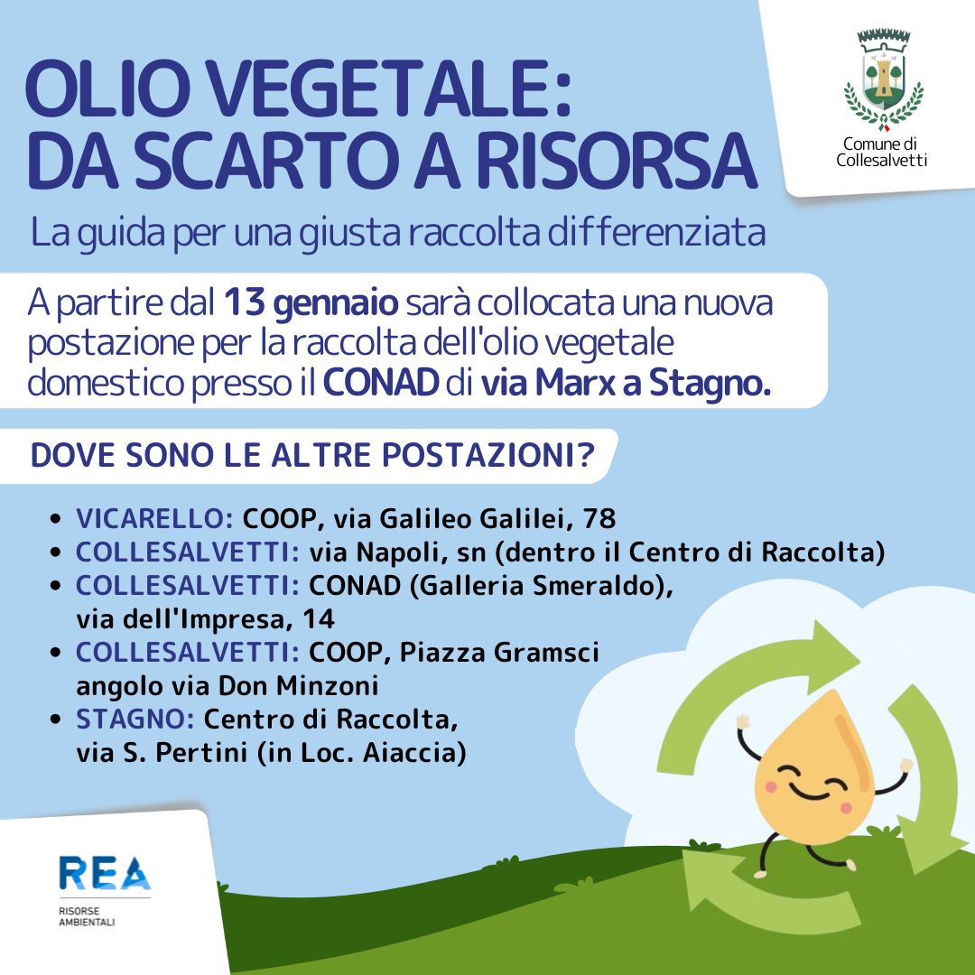 Olio Vegetale: da luned 13 gennaio una nuova postazione per la raccolta